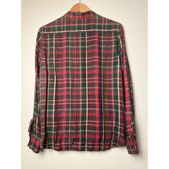Lauren Ralph Lauren Plaid Twist Front Blouse L Red Green Long Sleeve Draped - Picture 10 of 11